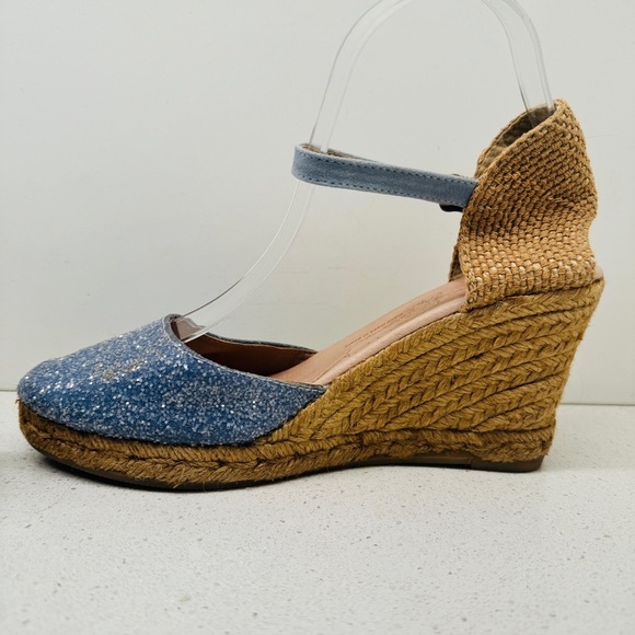 Gaimo Espadrille Wedge Leather Blue Sparkle Ankle Strap Heel Sandals Spain Sz 40 - Picture 5 of 15